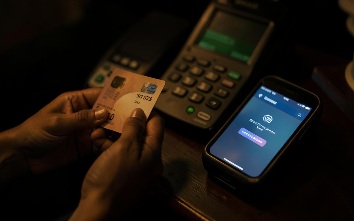 Card payment terminal and phone showing an alert