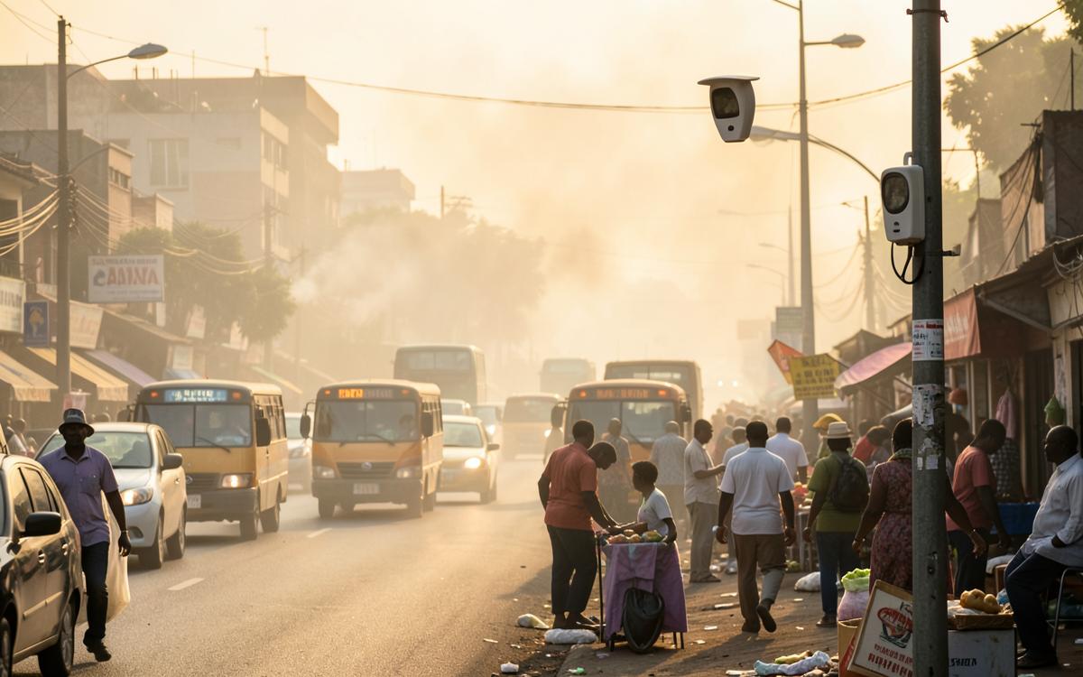Busy roadside with traffic haze and an air quality sensor