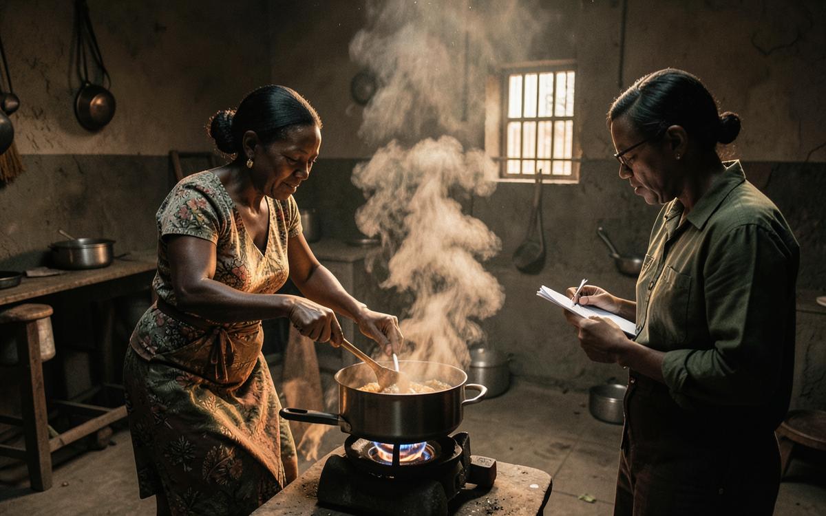 Researcher observing a household cooking on a clean stove