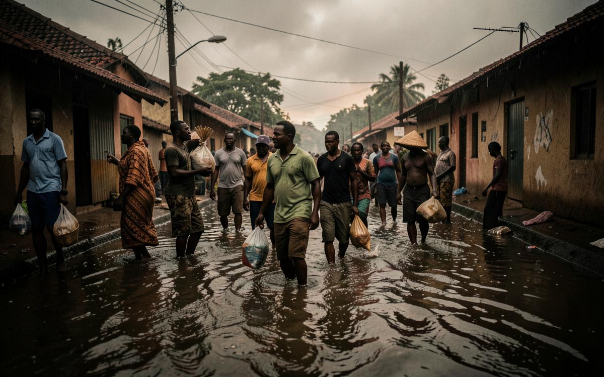 Residents walking through a flooded street