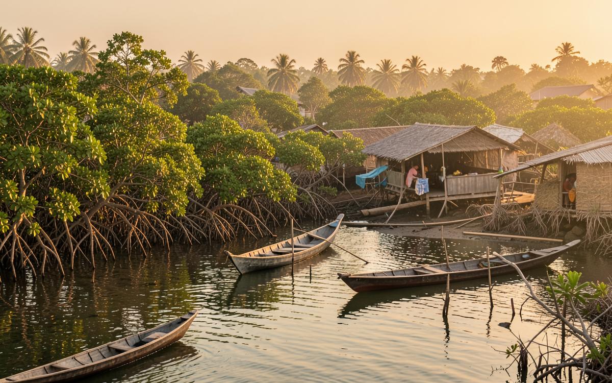 Coastal wetland with fishing canoes