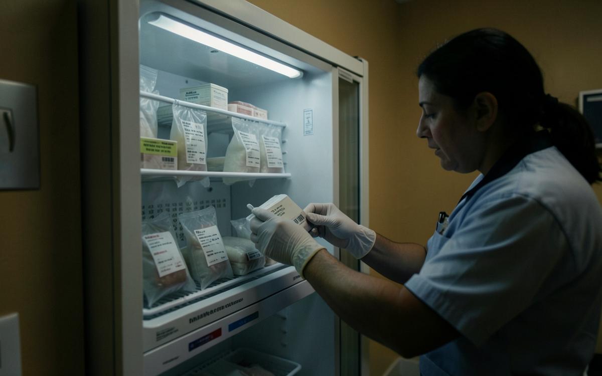Technician checking blood units in a blood bank