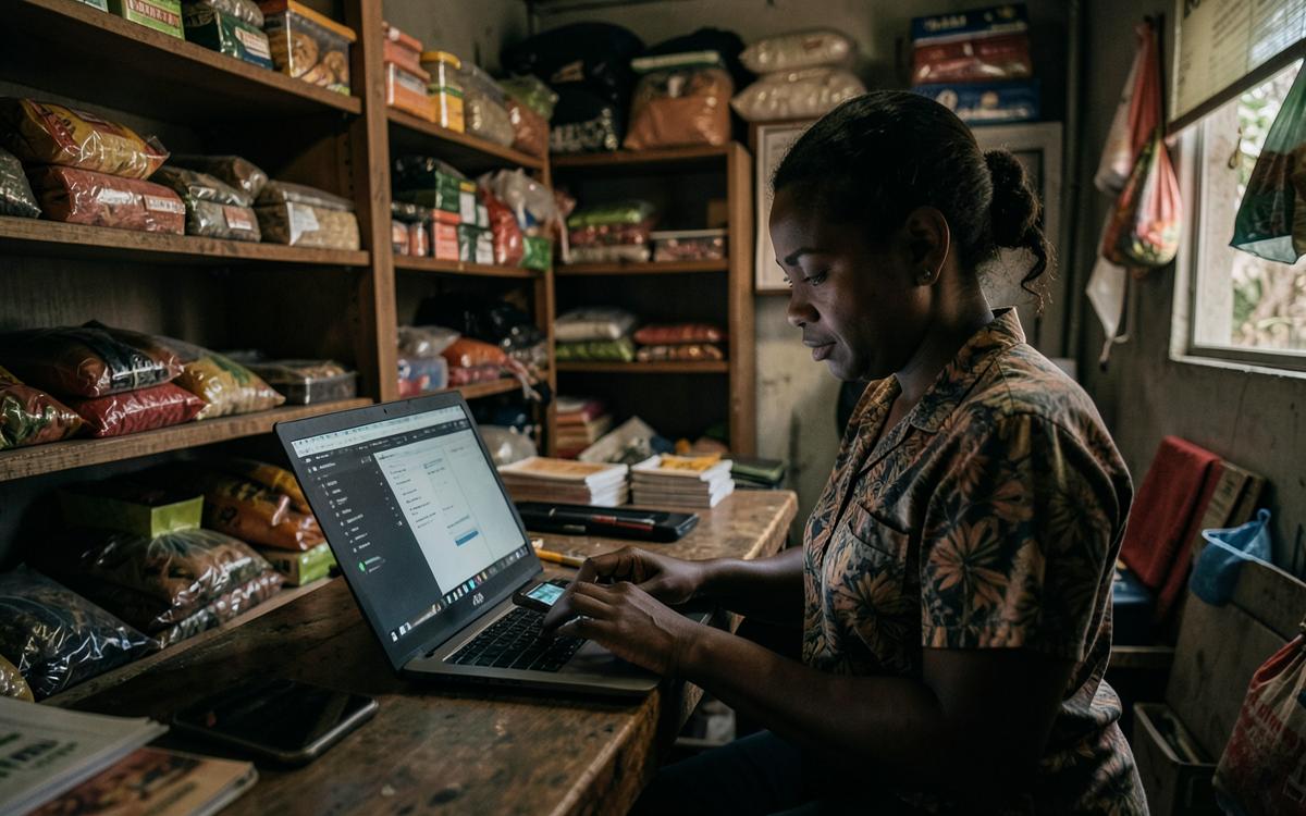Shop owner using a laptop to manage orders